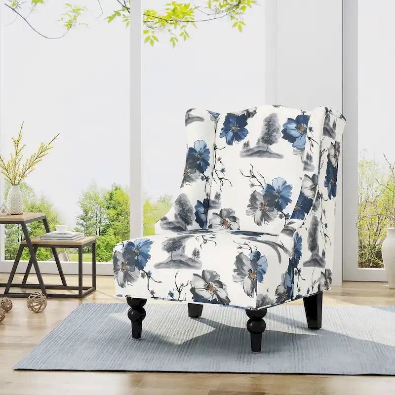 Fauteuil club haut de dossier 28 po floral beige et bleu avec pieds en bouleau