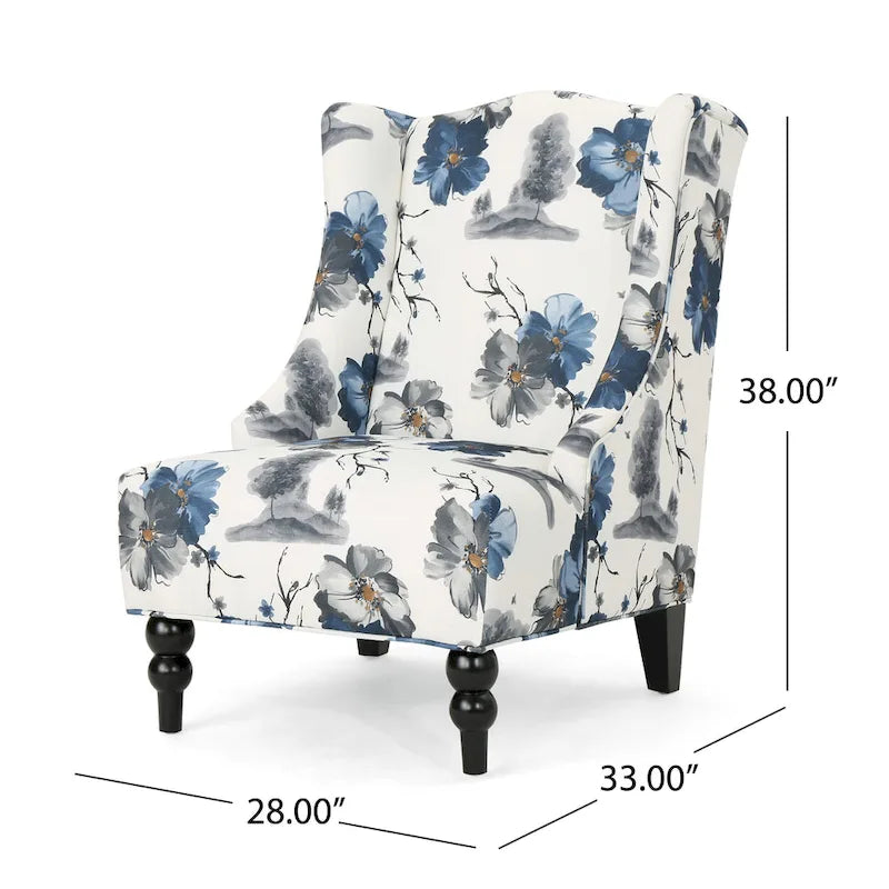 Fauteuil club haut de dossier 28 po floral beige et bleu avec pieds en bouleau