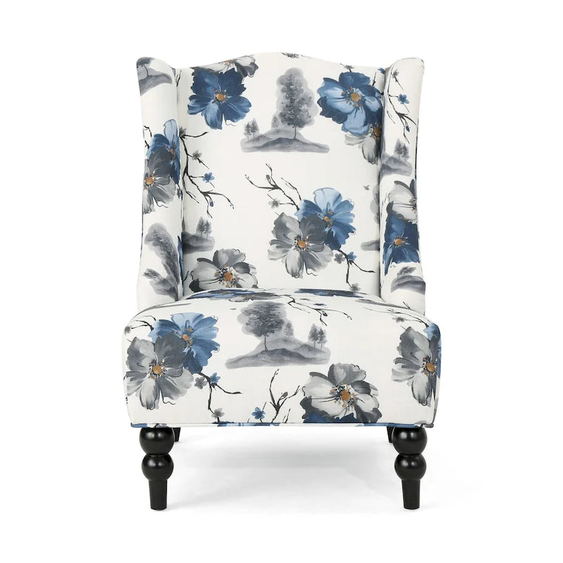 Fauteuil club haut de dossier 28 po floral beige et bleu avec pieds en bouleau