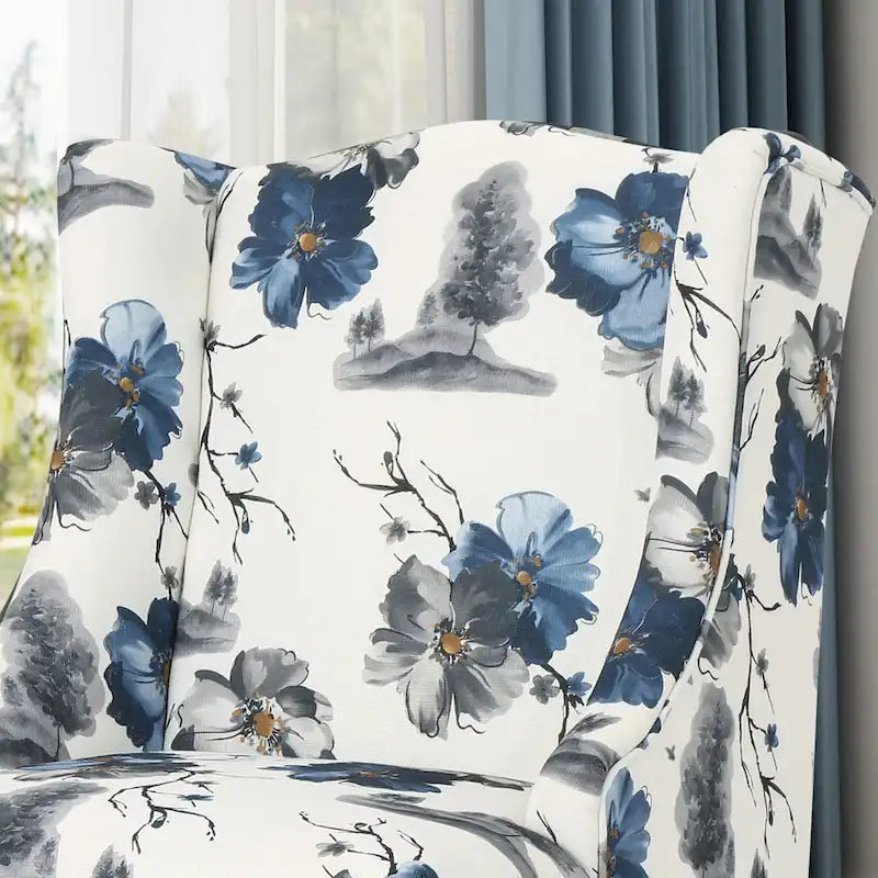 Fauteuil club haut de dossier 28 po floral beige et bleu avec pieds en bouleau