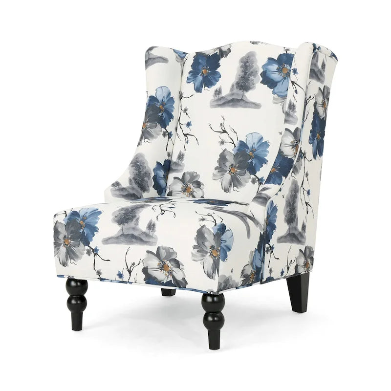 Fauteuil club haut de dossier 28 po floral beige et bleu avec pieds en bouleau
