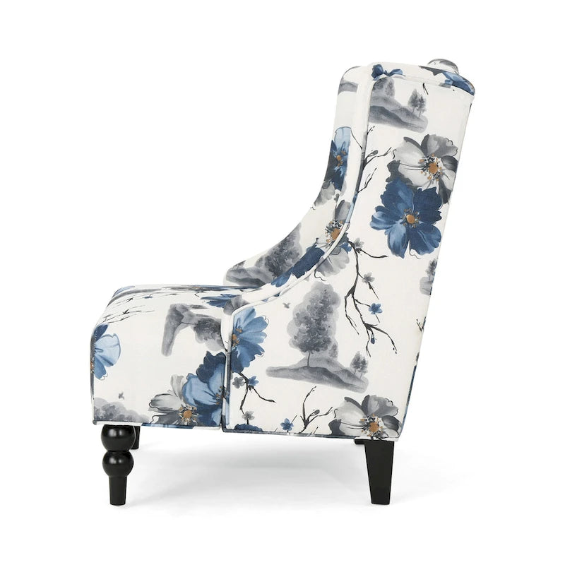 Fauteuil club haut de dossier 28 po floral beige et bleu avec pieds en bouleau