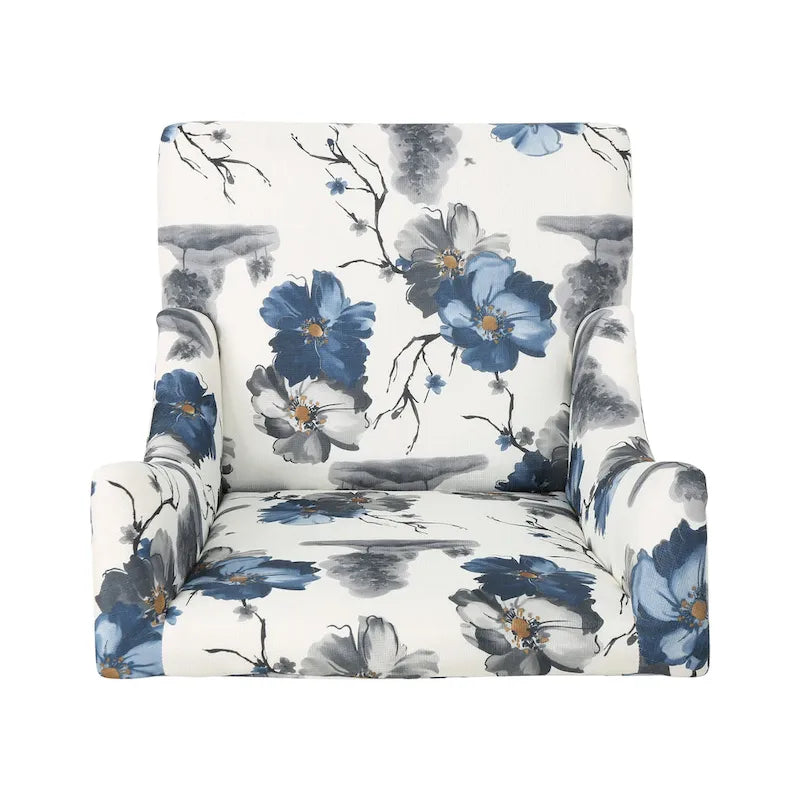 Fauteuil club haut de dossier 28 po floral beige et bleu avec pieds en bouleau
