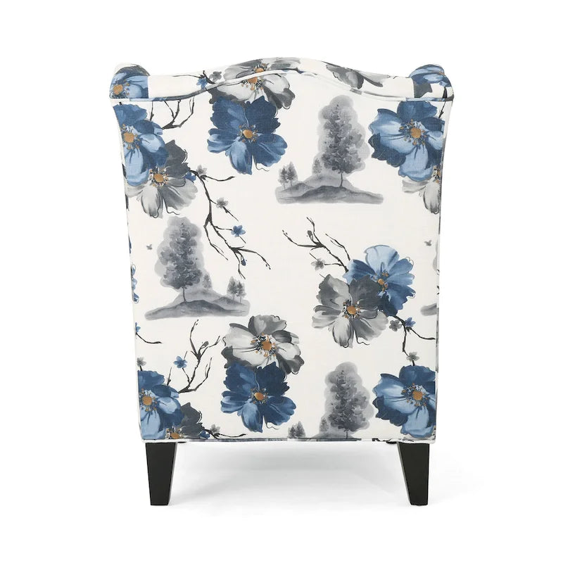 Fauteuil club haut de dossier 28 po floral beige et bleu avec pieds en bouleau