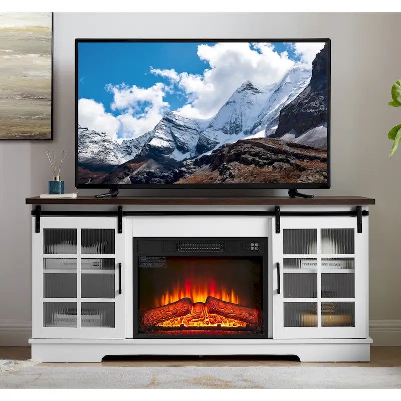 Meuble TV de cheminée blanc 59,13 po avec portes coulissantes en verre et étagère de rangement pour téléviseurs jusqu'à 65 po