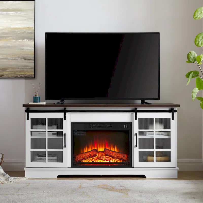 Meuble TV de cheminée blanc 59,13 po avec portes coulissantes en verre et étagère de rangement pour téléviseurs jusqu'à 65 po
