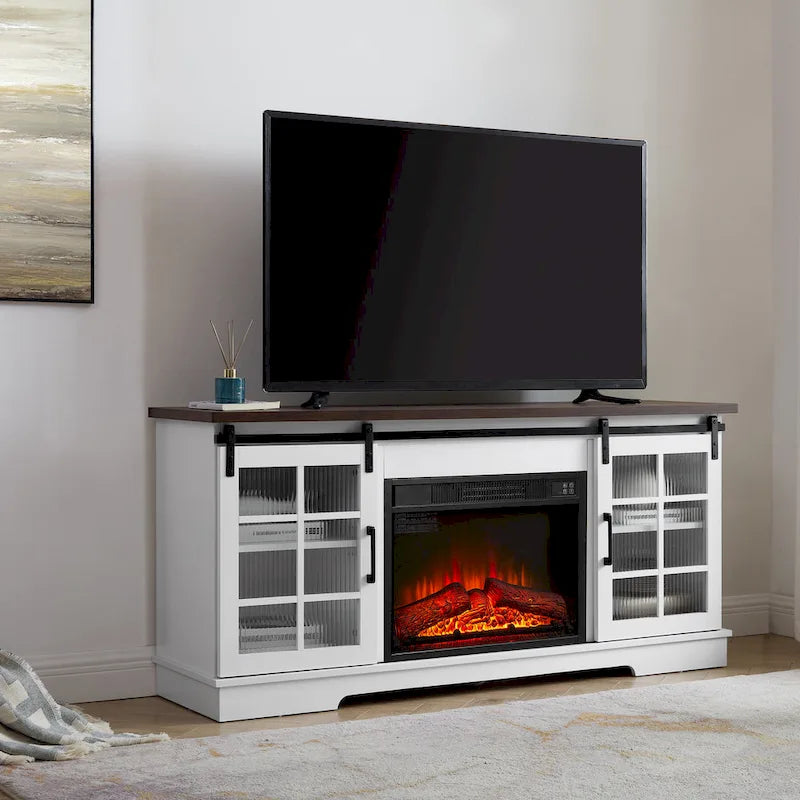 Meuble TV de cheminée blanc 59,13 po avec portes coulissantes en verre et étagère de rangement pour téléviseurs jusqu'à 65 po