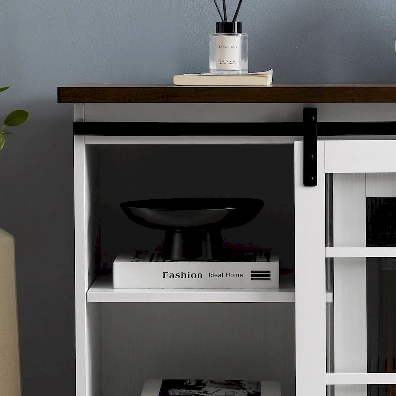 Meuble TV de cheminée blanc 59,13 po avec portes coulissantes en verre et étagère de rangement pour téléviseurs jusqu'à 65 po