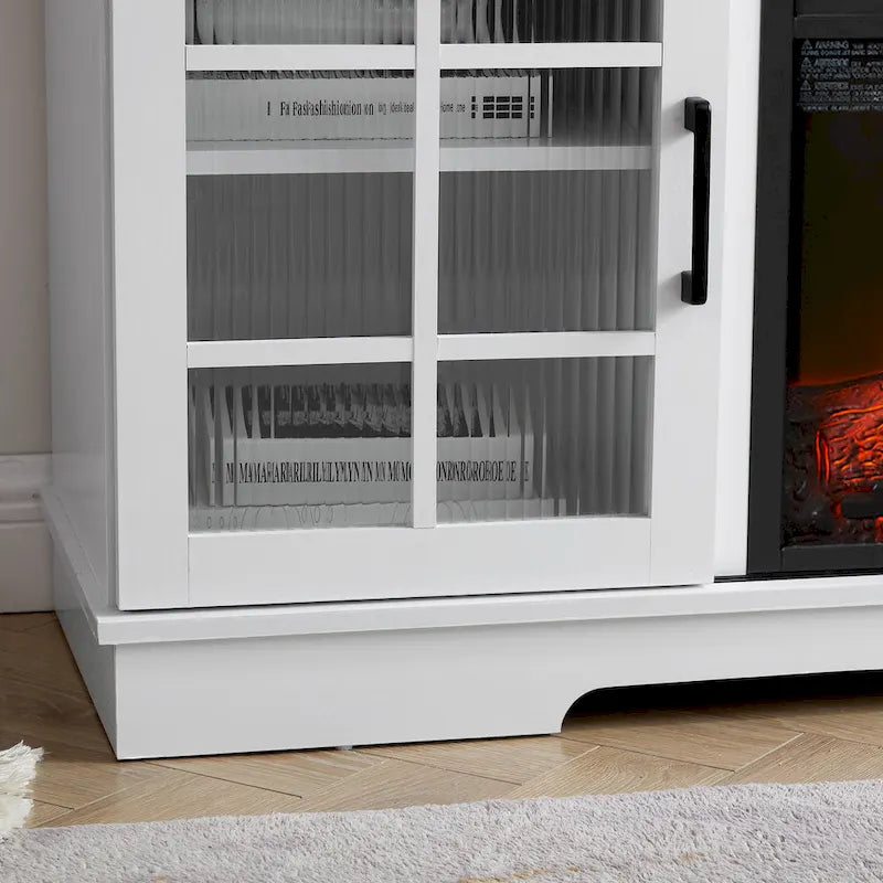 Meuble TV de cheminée blanc 59,13 po avec portes coulissantes en verre et étagère de rangement pour téléviseurs jusqu'à 65 po