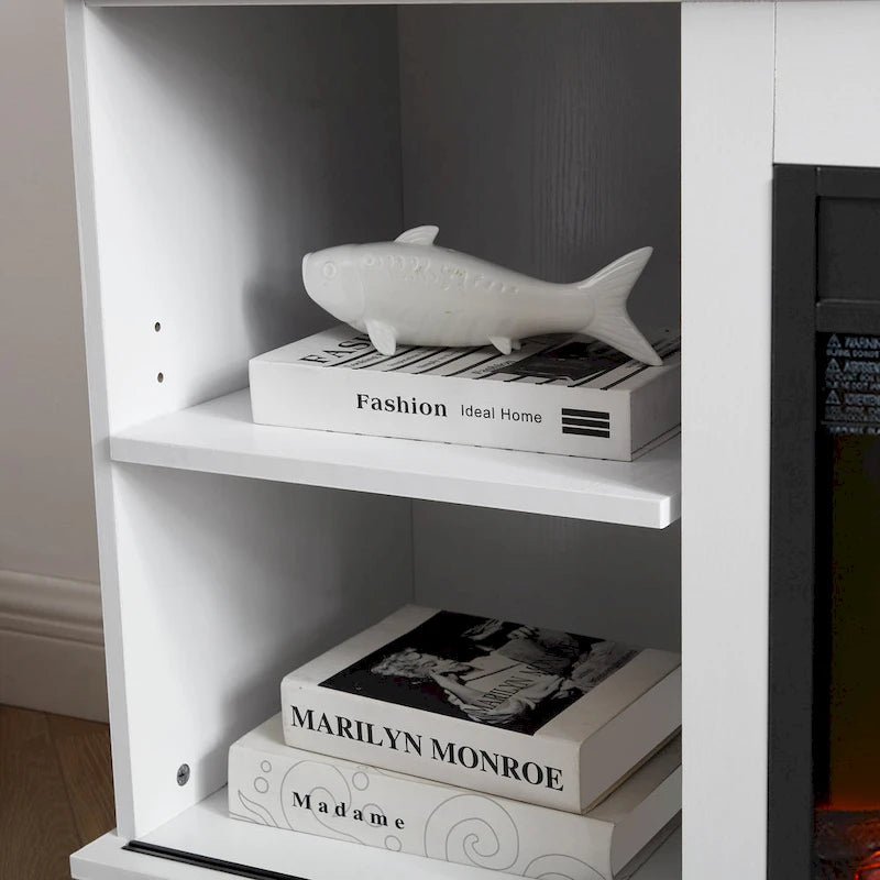 Meuble TV de cheminée blanc 59,13 po avec portes coulissantes en verre et étagère de rangement pour téléviseurs jusqu'à 65 po