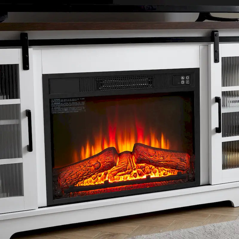 Meuble TV de cheminée blanc 59,13 po avec portes coulissantes en verre et étagère de rangement pour téléviseurs jusqu'à 65 po