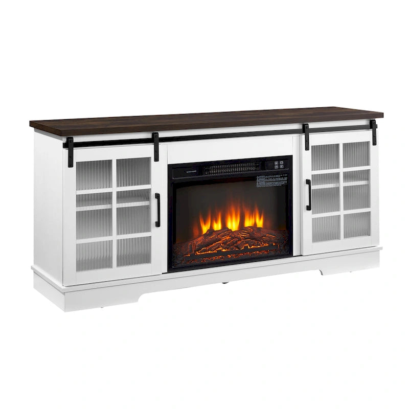 Meuble TV de cheminée blanc 59,13 po avec portes coulissantes en verre et étagère de rangement pour téléviseurs jusqu'à 65 po