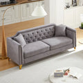 Canapé 3 places touffeté en chenille gris 61,5 avec accoudoirs à clous cuivrés, 2 oreillers