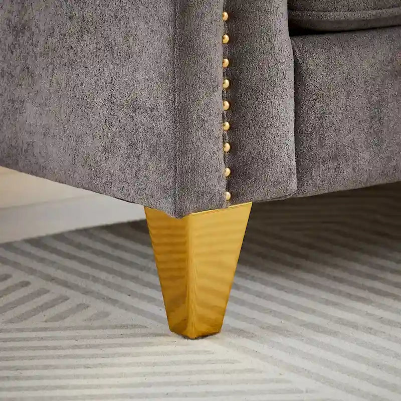 Canapé 3 places touffeté en chenille gris 61,5 avec accoudoirs à clous cuivrés, 2 oreillers