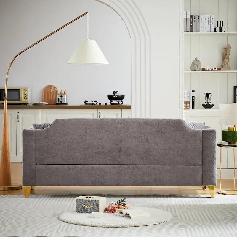 Canapé 3 places touffeté en chenille gris 61,5 avec accoudoirs à clous cuivrés, 2 oreillers