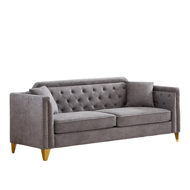 Canapé 3 places touffeté en chenille gris 61,5 avec accoudoirs à clous cuivrés, 2 oreillers