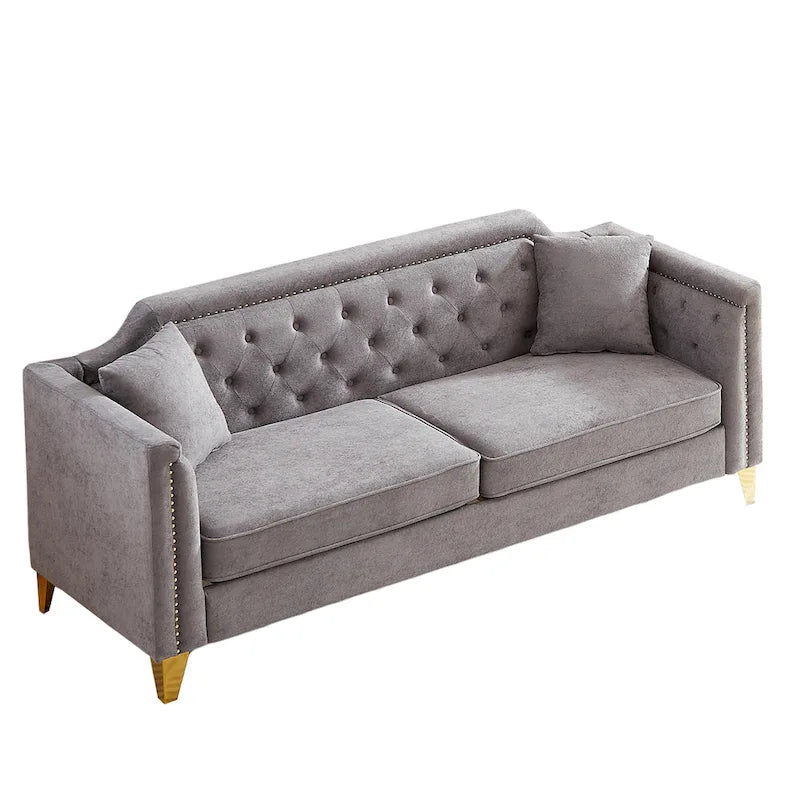 Canapé 3 places touffeté en chenille gris 61,5 avec accoudoirs à clous cuivrés, 2 oreillers