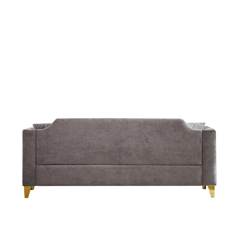 Canapé 3 places touffeté en chenille gris 61,5 avec accoudoirs à clous cuivrés, 2 oreillers