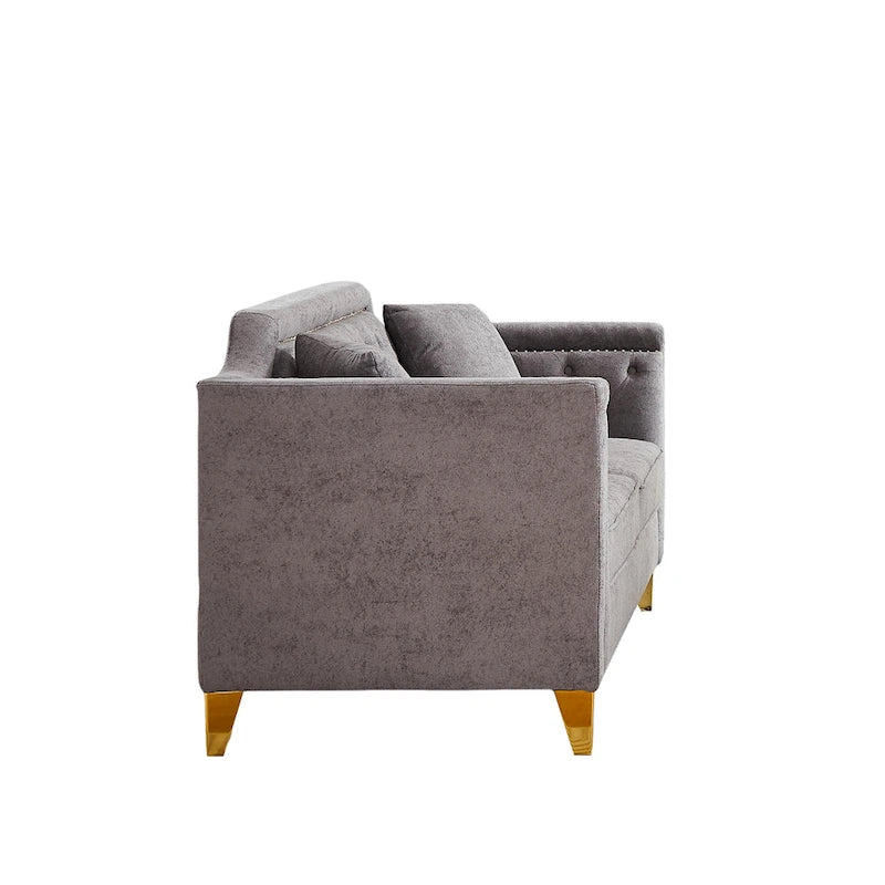 Canapé 3 places touffeté en chenille gris 61,5 avec accoudoirs à clous cuivrés, 2 oreillers