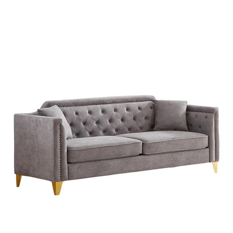 Canapé 3 places touffeté en chenille gris 61,5 avec accoudoirs à clous cuivrés, 2 oreillers