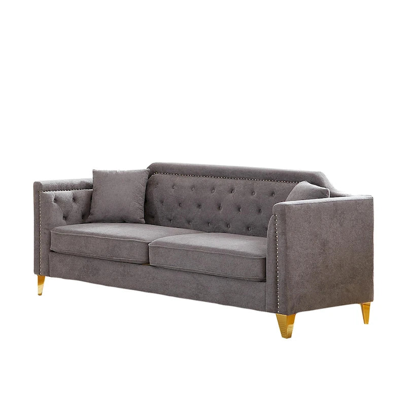 Canapé 3 places touffeté en chenille gris 61,5 avec accoudoirs à clous cuivrés, 2 oreillers