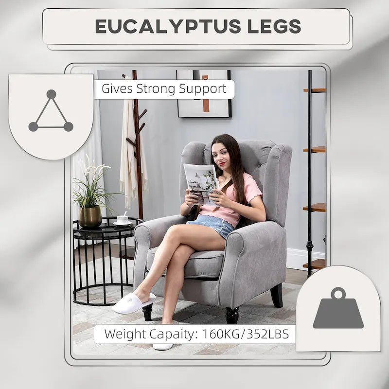 Fauteuil d'appoint capitonné avec dossier haut à oreilles, accoudoirs rembourrés arrondis et assise épaisse rembourrée, Gris