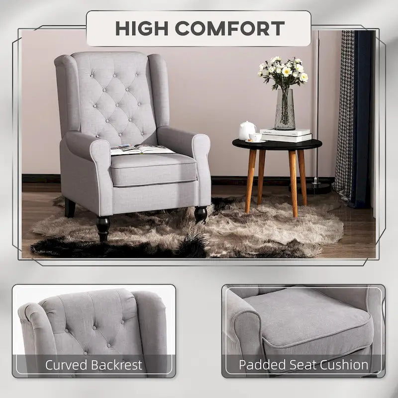 Fauteuil d'appoint capitonné avec dossier haut à oreilles, accoudoirs rembourrés arrondis et assise épaisse rembourrée, Gris