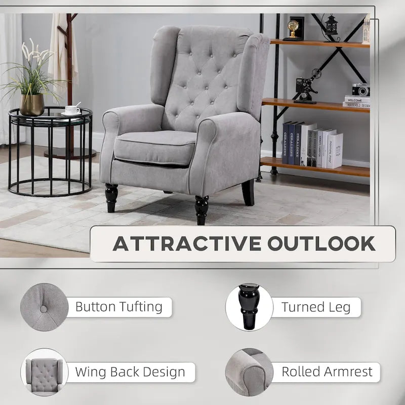 Fauteuil d'appoint capitonné avec dossier haut à oreilles, accoudoirs rembourrés arrondis et assise épaisse rembourrée, Gris