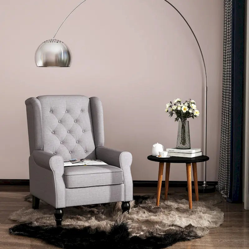 Fauteuil d'appoint capitonné avec dossier haut à oreilles, accoudoirs rembourrés arrondis et assise épaisse rembourrée, Gris