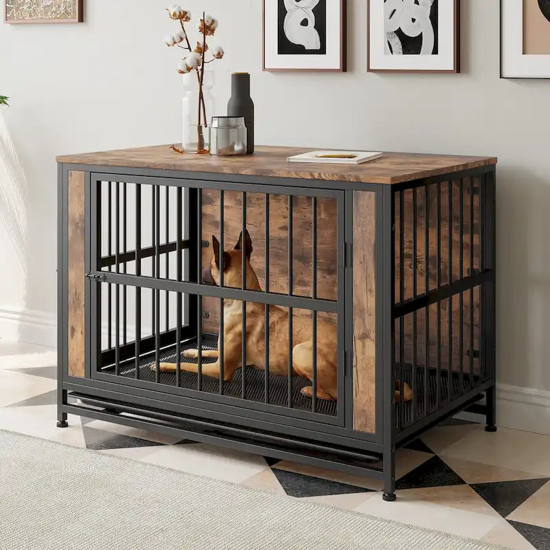 Meuble cage pour chien, table en bois pour cage de chien, niche pour chien de 38,9 po avec 2 portes coulissantes et cadre de porte épais en fer, maison décorative pour animaux de compagnie