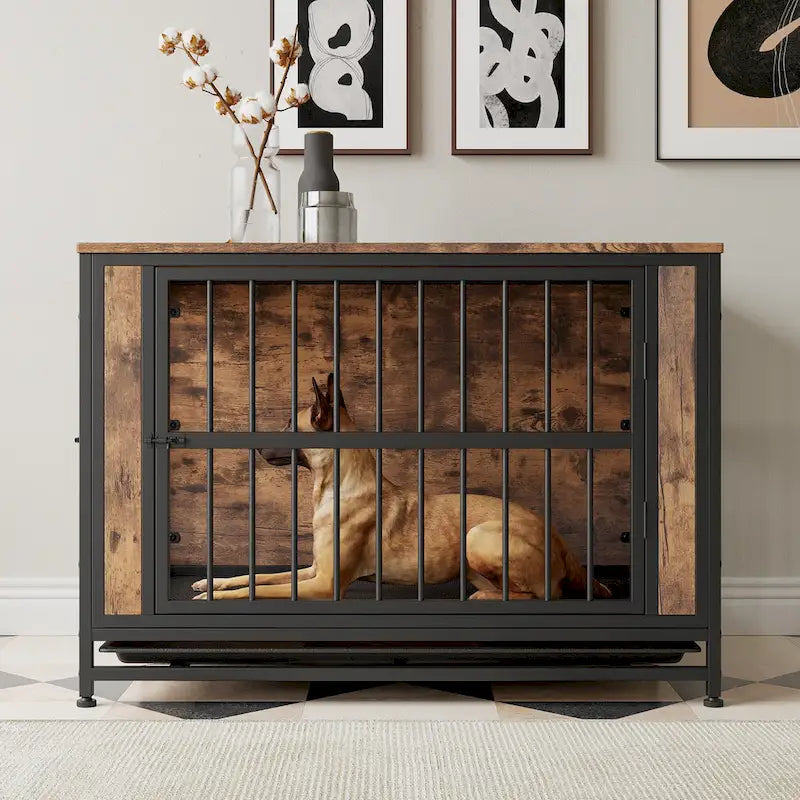 Meuble cage pour chien, table en bois pour cage de chien, niche pour chien de 38,9 po avec 2 portes coulissantes et cadre de porte épais en fer, maison décorative pour animaux de compagnie