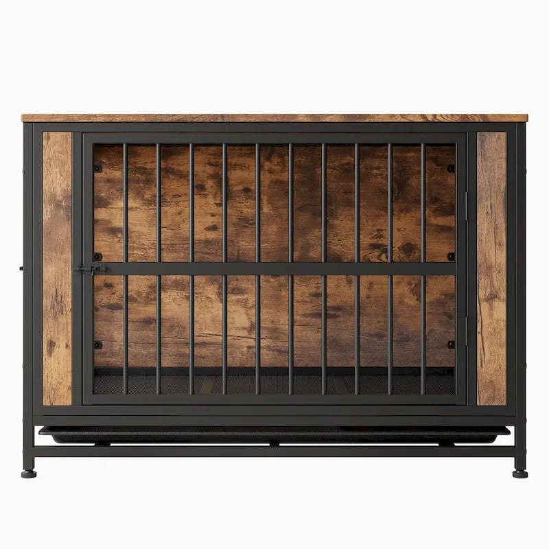 Meuble cage pour chien, table en bois pour cage de chien, niche pour chien de 38,9 po avec 2 portes coulissantes et cadre de porte épais en fer, maison décorative pour animaux de compagnie