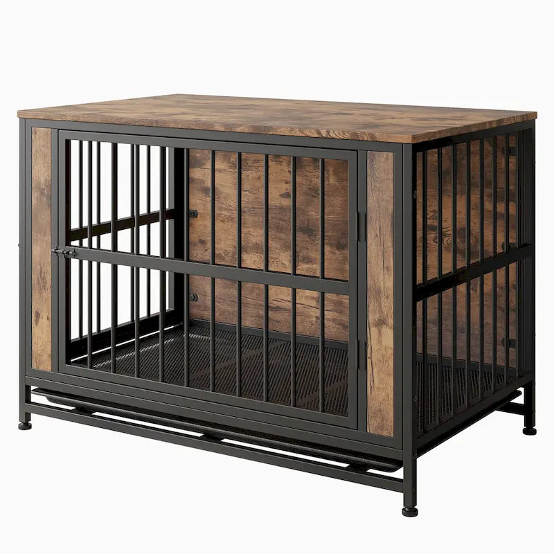 Meuble cage pour chien, table en bois pour cage de chien, niche pour chien de 38,9 po avec 2 portes coulissantes et cadre de porte épais en fer, maison décorative pour animaux de compagnie