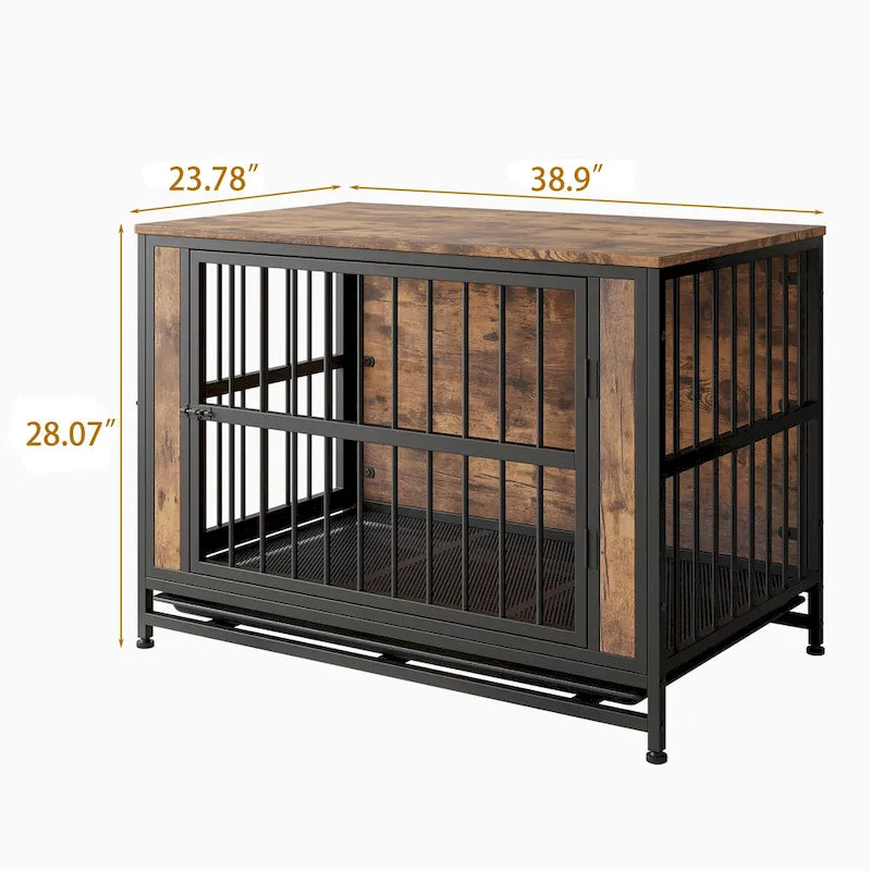 Meuble cage pour chien, table en bois pour cage de chien, niche pour chien de 38,9 po avec 2 portes coulissantes et cadre de porte épais en fer, maison décorative pour animaux de compagnie