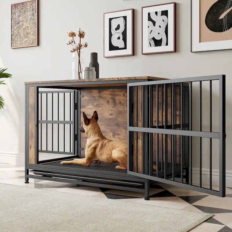 Meuble cage pour chien, table en bois pour cage de chien, niche pour chien de 38,9 po avec 2 portes coulissantes et cadre de porte épais en fer, maison décorative pour animaux de compagnie