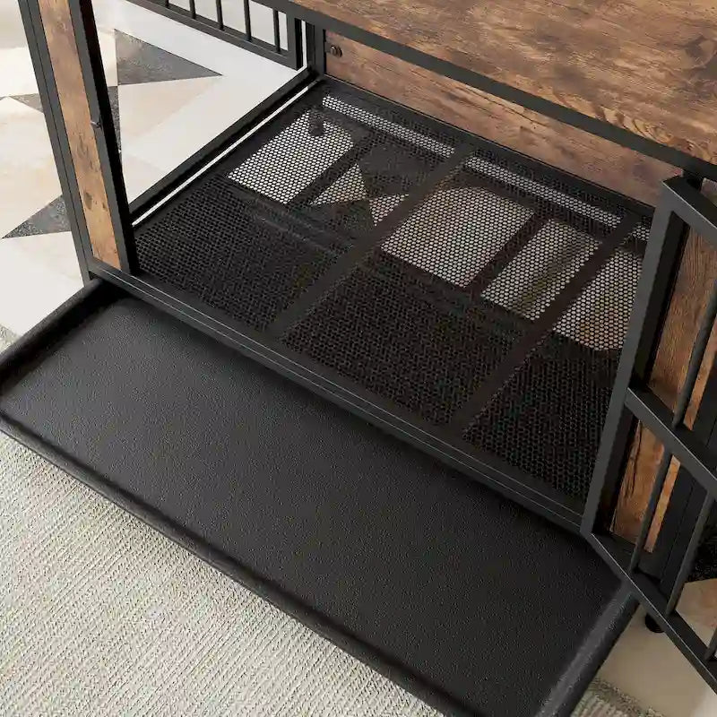 Meuble cage pour chien, table en bois pour cage de chien, niche pour chien de 38,9 po avec 2 portes coulissantes et cadre de porte épais en fer, maison décorative pour animaux de compagnie