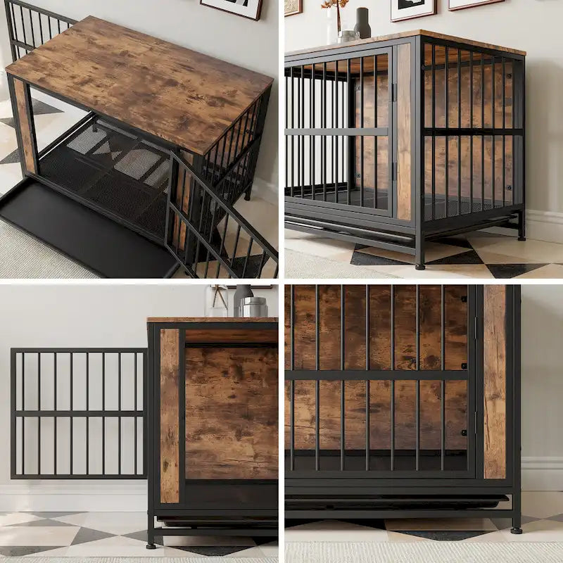 Meuble cage pour chien, table en bois pour cage de chien, niche pour chien de 38,9 po avec 2 portes coulissantes et cadre de porte épais en fer, maison décorative pour animaux de compagnie