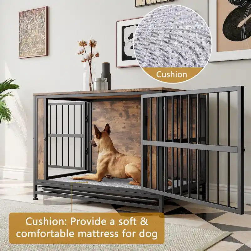 Meuble cage pour chien, table en bois pour cage de chien, niche pour chien de 38,9 po avec 2 portes coulissantes et cadre de porte épais en fer, maison décorative pour animaux de compagnie
