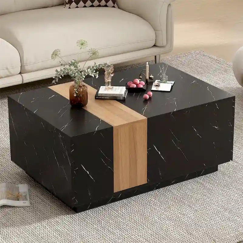 Table basse avec 2 tiroirs de rangement et finition grain de bois