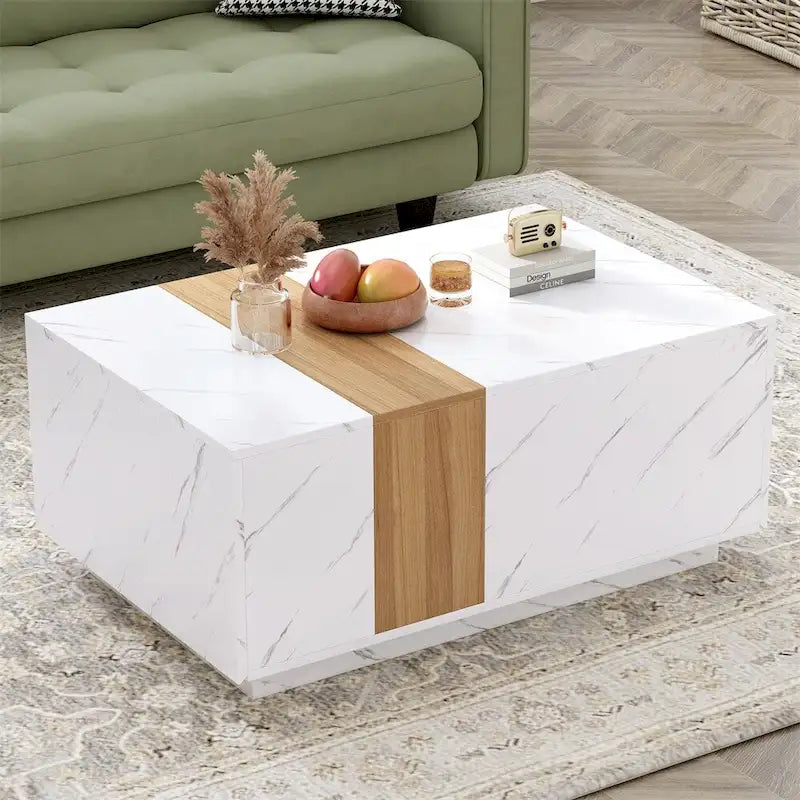 Table basse avec 2 tiroirs de rangement et finition grain de bois