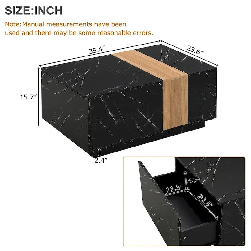 Table basse avec 2 tiroirs de rangement et finition grain de bois