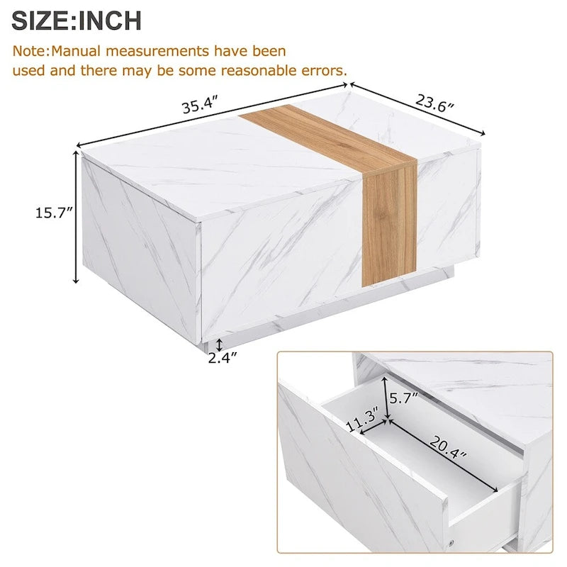 Table basse avec 2 tiroirs de rangement et finition grain de bois