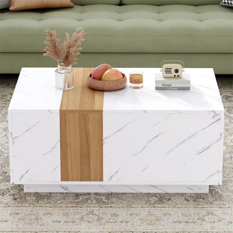 Table basse avec 2 tiroirs de rangement et finition grain de bois