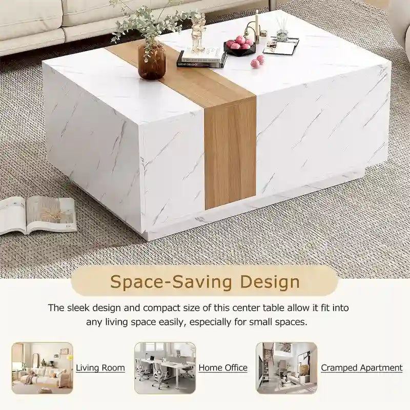 Table basse avec 2 tiroirs de rangement et finition grain de bois