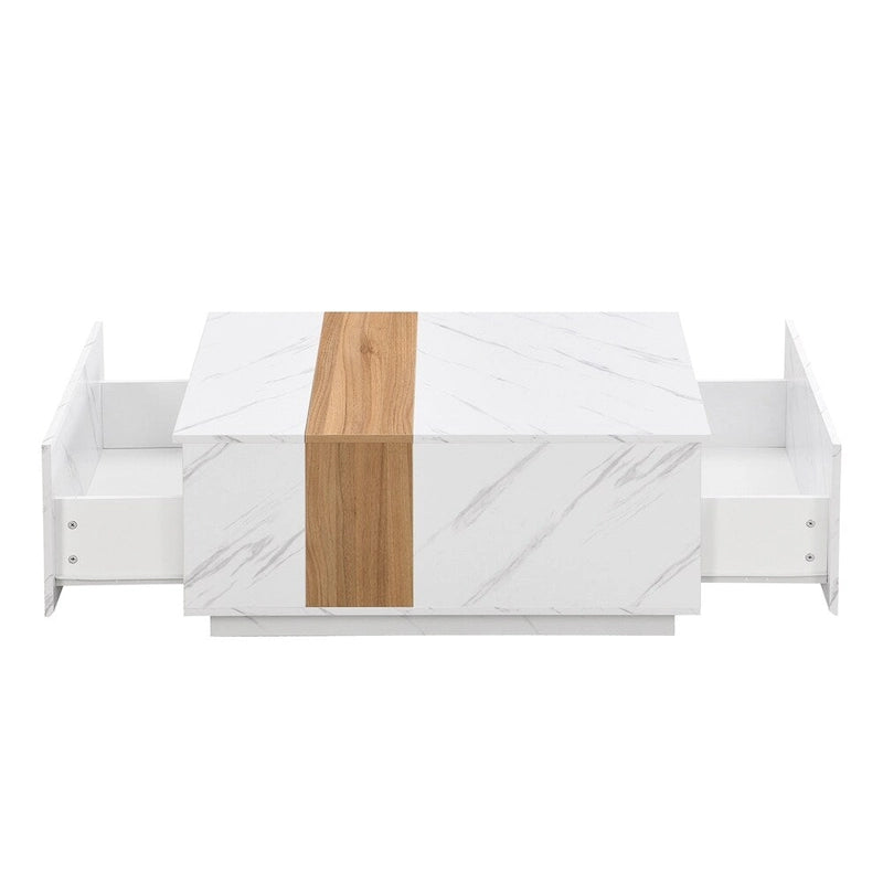 Table basse avec 2 tiroirs de rangement et finition grain de bois