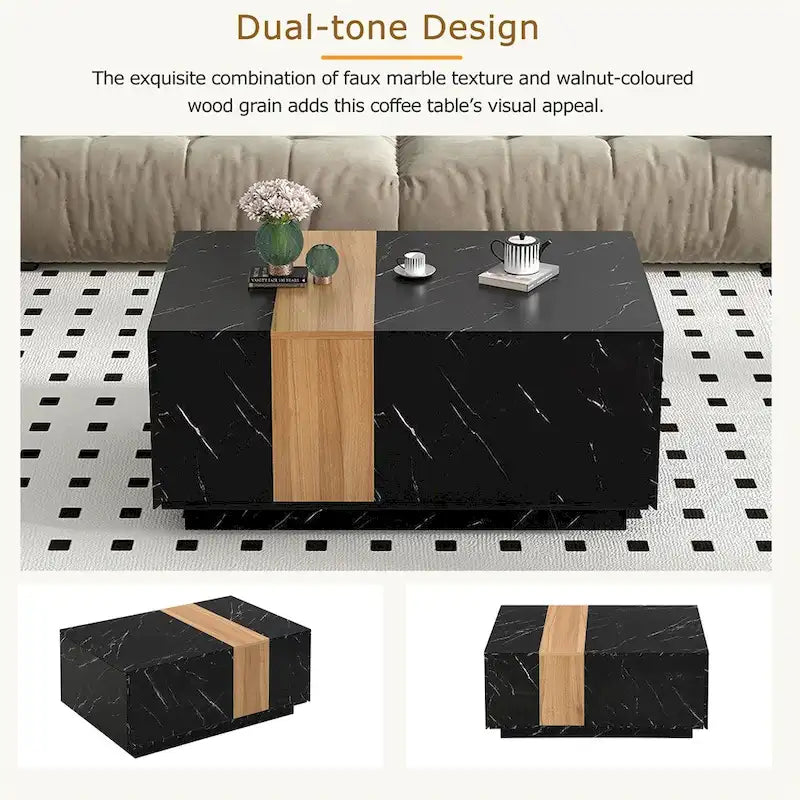 Table basse avec 2 tiroirs de rangement et finition grain de bois