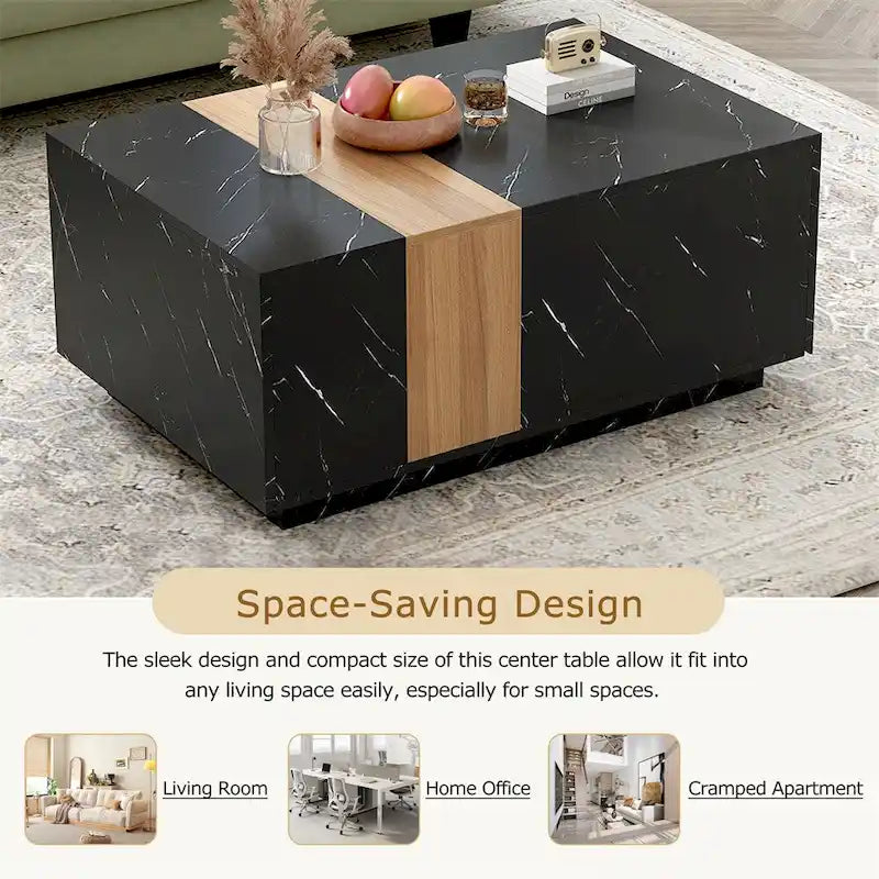 Table basse avec 2 tiroirs de rangement et finition grain de bois