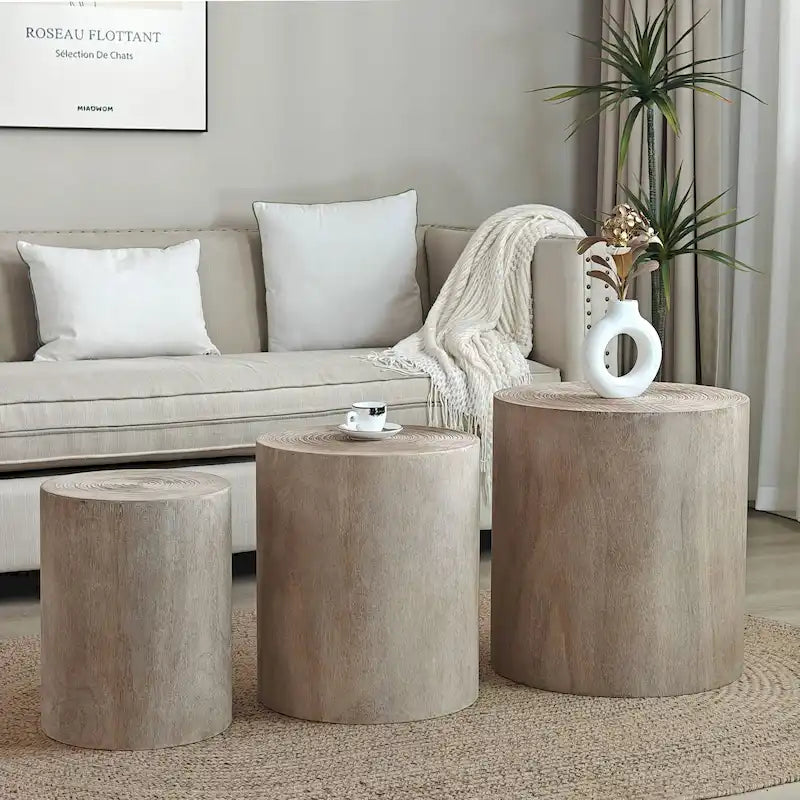 Ensemble de 3 tables basses rustiques en bois avec motifs distincts de cernes d'arbre - Parfait pour le salon