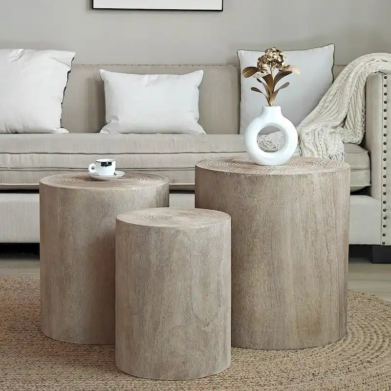 Ensemble de 3 tables basses rustiques en bois avec motifs distincts de cernes d'arbre - Parfait pour le salon
