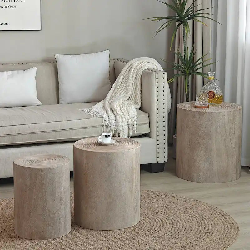 Ensemble de 3 tables basses rustiques en bois avec motifs distincts de cernes d'arbre - Parfait pour le salon